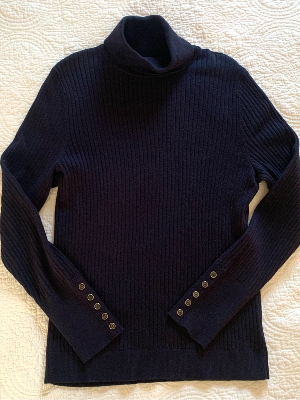 TALBOTS Sweater Turtleneck Ribbed Button Cuff Navy Blue Women’s Sz Large Classic